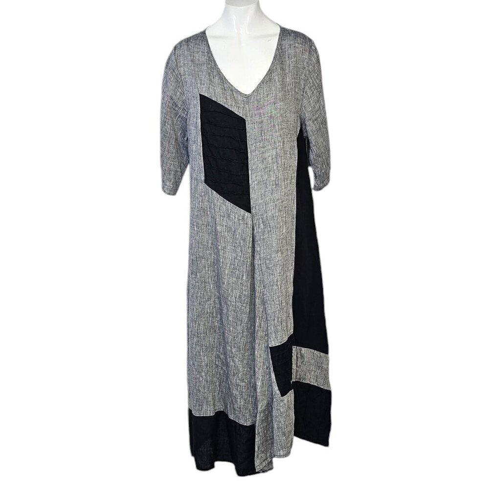 ZELE Lagenlook 100% Linen Dress Size Medium V-Neck Whimsy Pockets